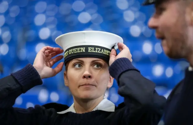 Royal Navy ratings practise in the hanger of HMS Queen Elizabeth