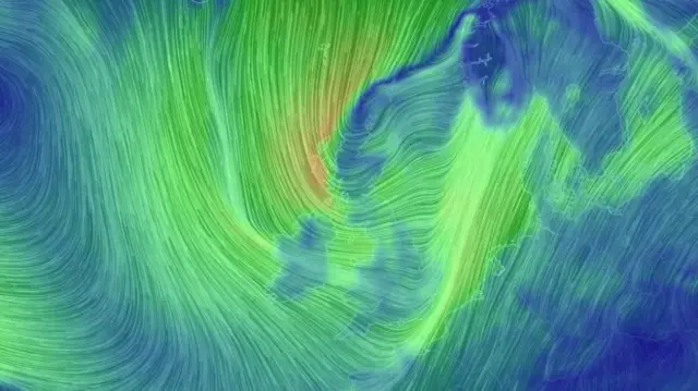 An illustration of expected high winds on Thursday