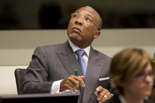 Former Liberian President Charles Taylor sits in the courtroom during his trial on 16 May, 2012 at the Special Court for Sierra Leone, based in Leidschendam outside The Hague, the Netherlands.