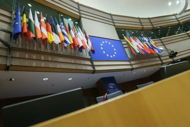 EU flags inside the European Parliament