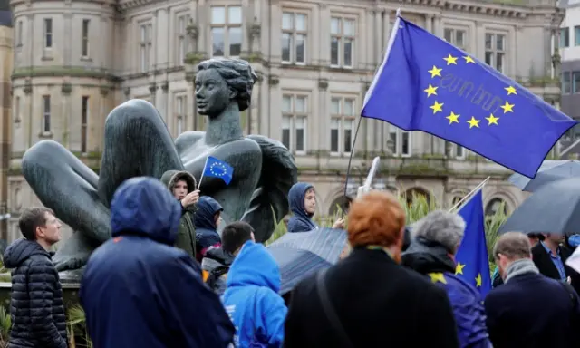 People waving EU flags