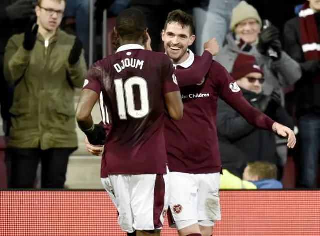 Hearts' Arnaud Djoum and Kyle Lafferty celebrate