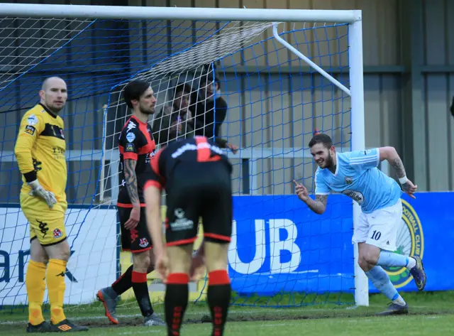 Darren Murray celebrates after putting Warrenpoint 2-1 ahead against the Crues