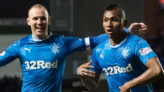 Rangers' Kenny Miller and Alfredo Morelos celebrate