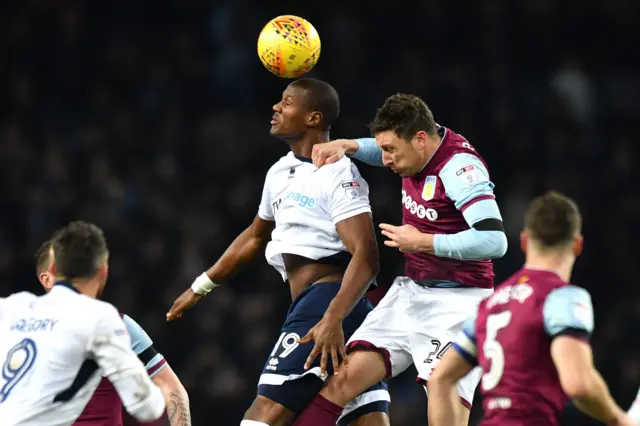 Millwall's Tom Elliott challenges for a header with Aston Villa defender Tommy Elphick