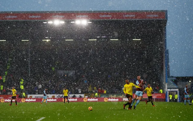 Snow falls at Turf Moor