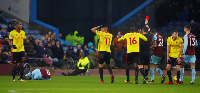 Zeegelaar is shown a red card for Watford