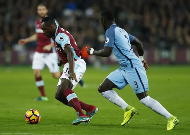 West Ham United"s Michail Antonio in action with Manchester City"s Bacary Sagn