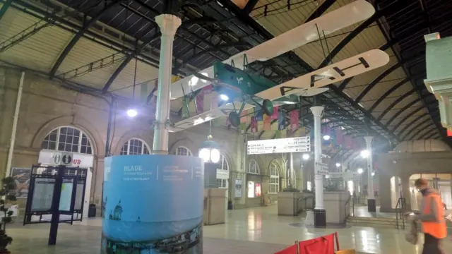 Gypsy Moth model suspended from the ceiling at Hull Paragon Station