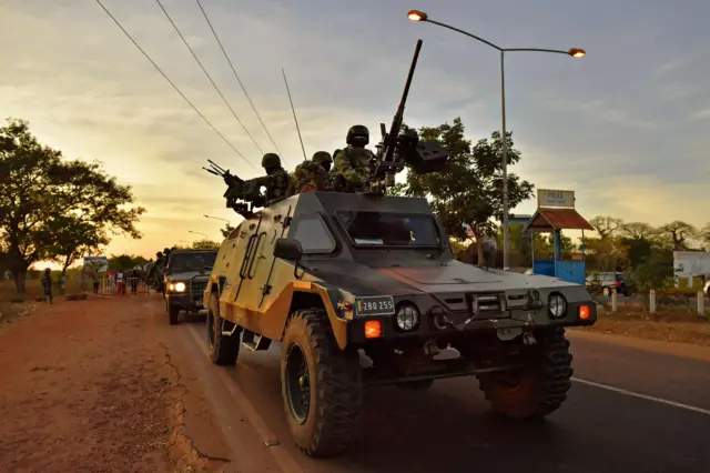 Senegalese troops on an armoured vehicle in The Gambia