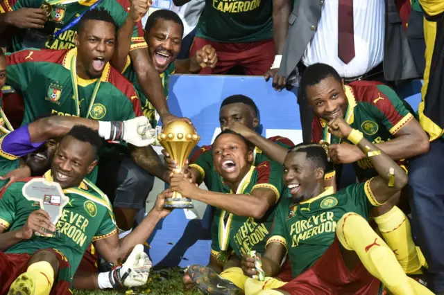 Cameroon team with the Afcon trophy after their win against Egypt