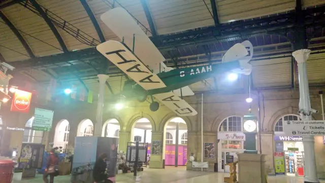 Gypsy Moth model suspended from the ceiling at Hull Paragon Station