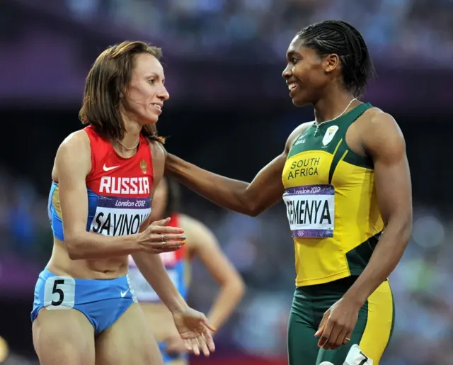 Savinova and Semenya after their race at London 2012