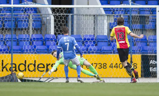 Partick's Adam Barton scores the opener against St Johnstone