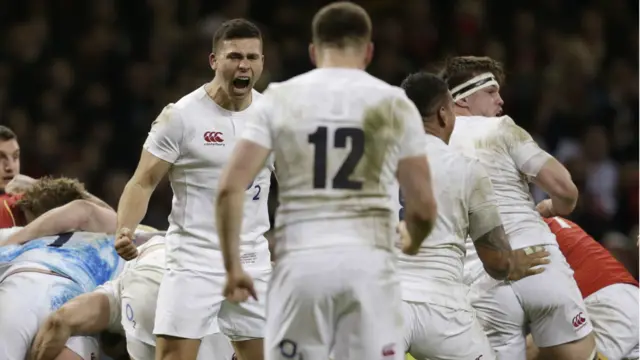 England celebrate winning a penalty from a scrum