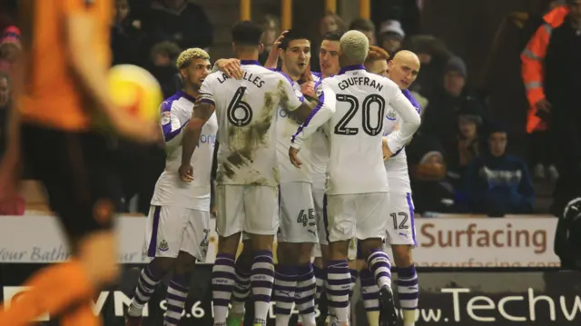 Newcastle celebrate Aleksandar Mitrovic's goal against Wolves