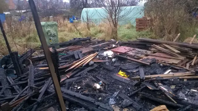 Close-up on allotment shed arson