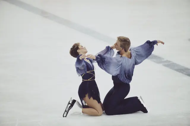 Ice dancers Jayne Torvill and Christopher Dean of Great Britain perform their Bolero routine for the Ice Dance Skating at the XIV Olympic Winter Games on 14 February 1984 Skenderija II Hall,