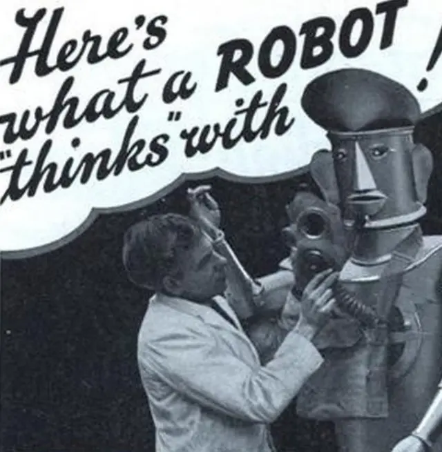 Charles Lawson and his robot. The robot advert for Merriam-Webster's dictionary from the 1930s