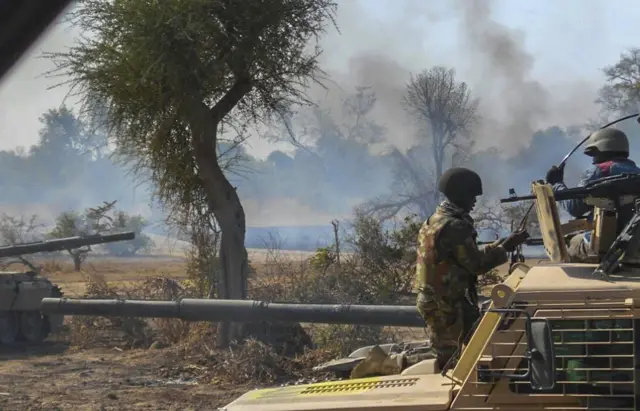 03 May 2015 released by the Nigerian Army shows an insurgents" camp being destroyed by Nigerian military in the Sambisa Forest, Borno state, Nigeria.