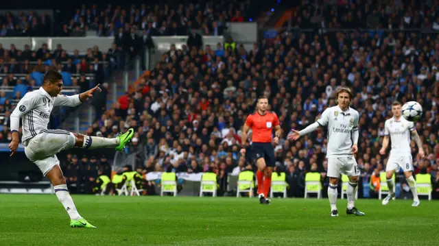 Casemiro of Real Madrid scores a goal