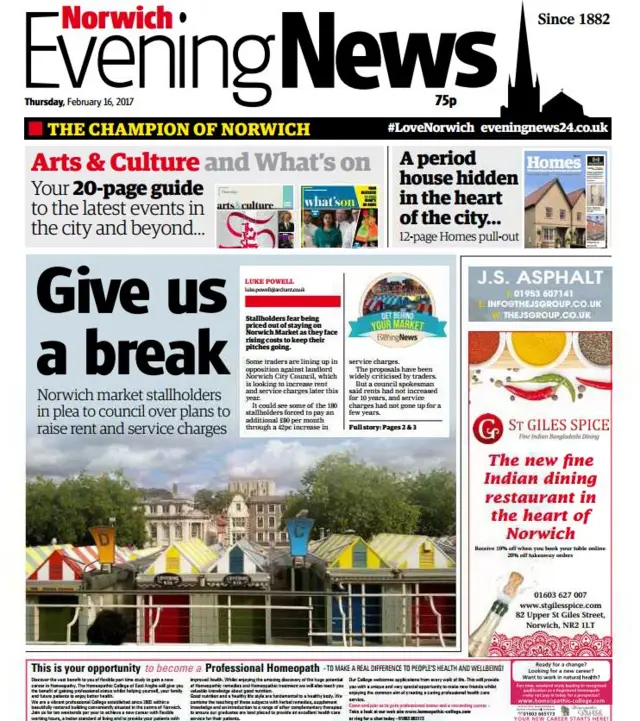 Front page of the Norwich Evening News