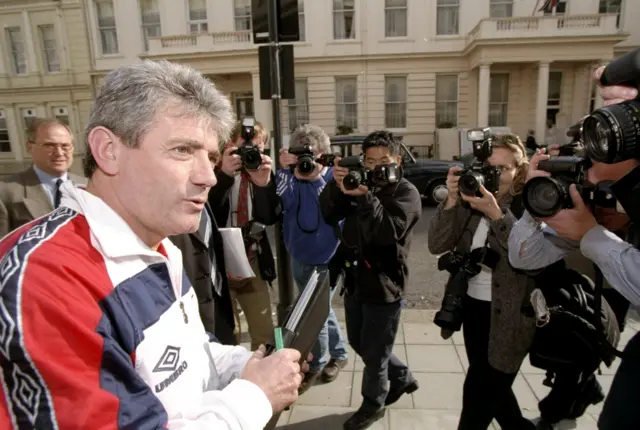 Kevin Keegan talks to reporters after naming his first squad as England manager