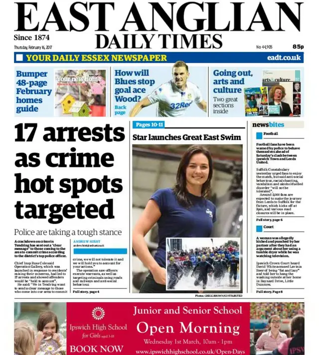 East Anglian Daily Times front page