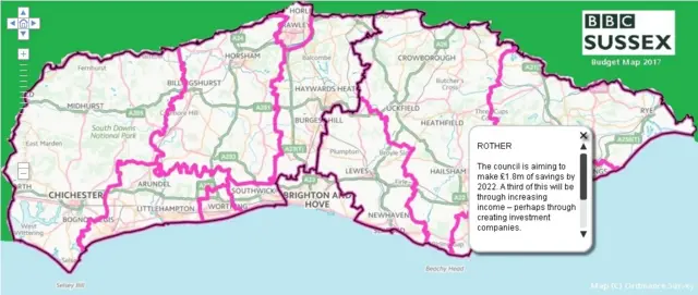 A screenshot of the BBC Sussex interactive budget map.