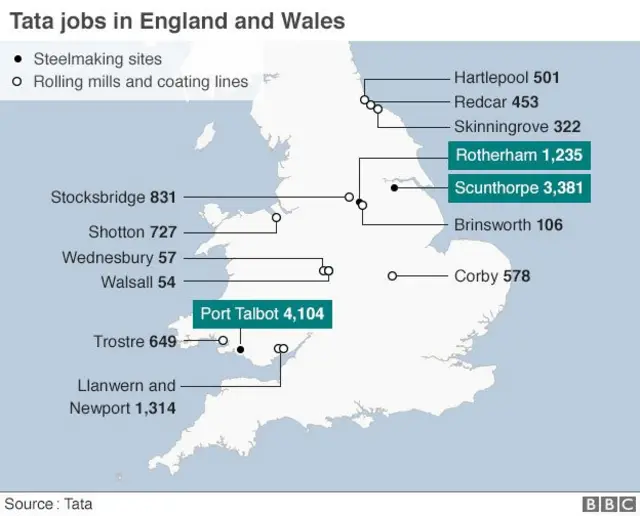 Map showing where Tata steel is based in the UK.