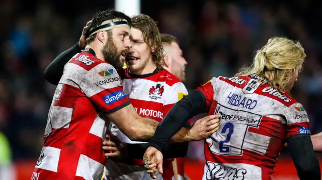 Jeremy Thrush of Gloucester Rugby celebrates with Billy Twelvetrees of Gloucester