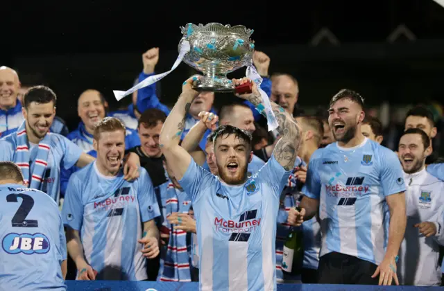 Ballymena United players celebrate with the League Cup