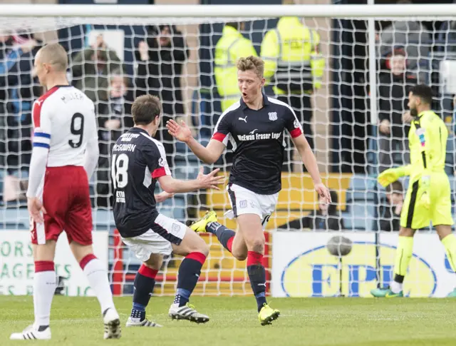 Mark O'Hara celebrates after scoring the opening goal for Dundee