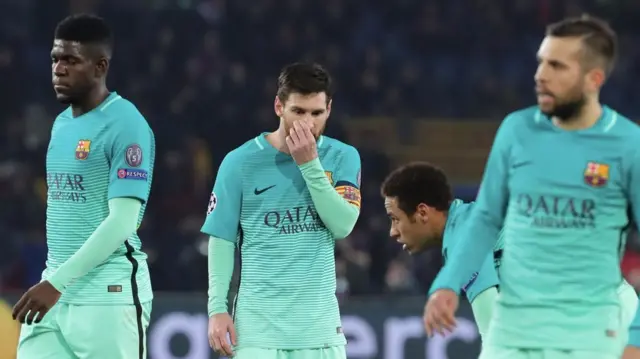 Lionel Messi (centre) and team-mates in Paris