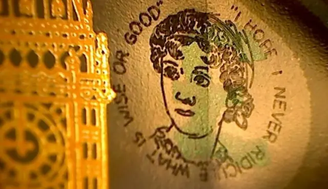 Close-up of tiny Jane Austen image