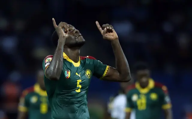 Cameroon"s Michael Ngadeu-Ngadjui celebrates scoring their first goal