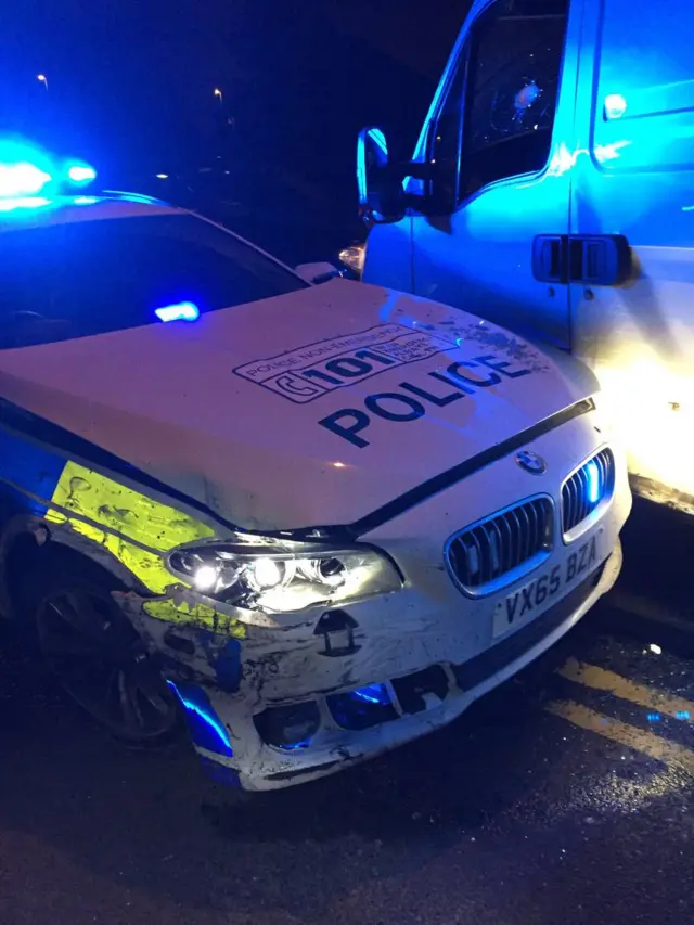 Damaged police vehicle