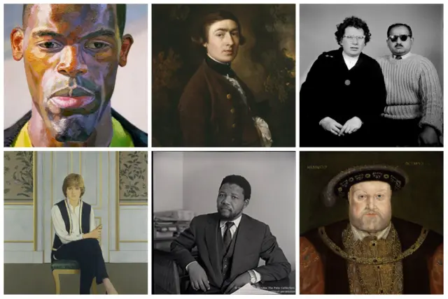 Rop top left: Portrait by Nahem Shoa, Gainsborough, Magnanbhai Patel, From bottom left: Princess Diana, Nelson Mandela, King Henry VIII