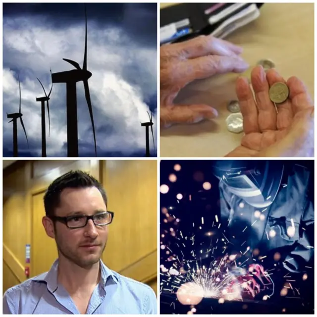 Wind farm, elderly hands with money, Gordon Aikman, welder