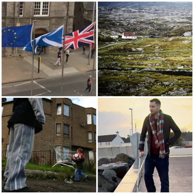 EU, saltire and UK flags, rural Scotland, poverty and Gordon Aikman