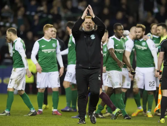 Hibernian boss Neil Lennon salutes the home supporters following the Edinburgh derby victory