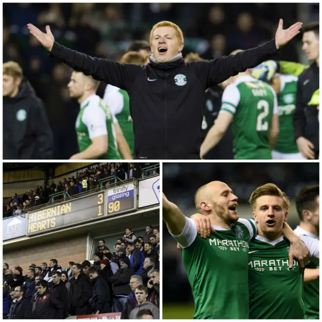 Clockwise from top: Hibs boss Neil Lennon, Jason Cummings celebrates at full time with David Gray and the Hearts fans reflect on the defeat