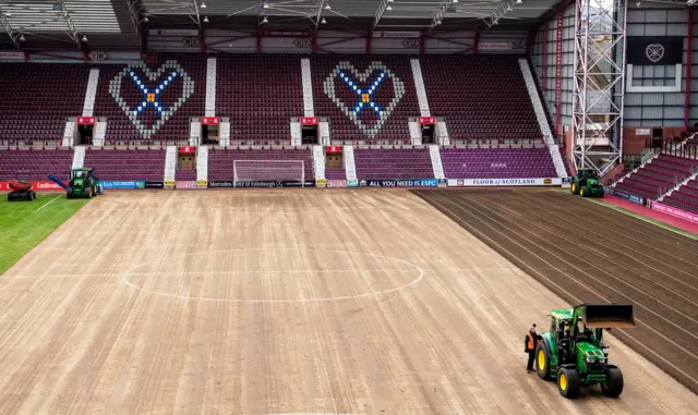 The Tynecastle pitch being resurfaced