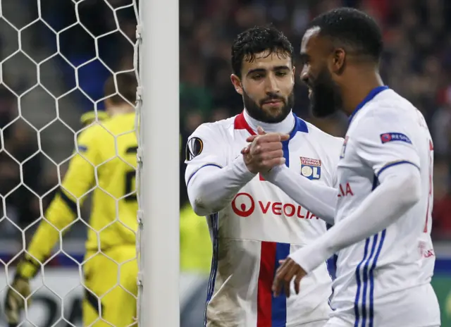 Nabil Fekir scored three times for Lyon and celebrates