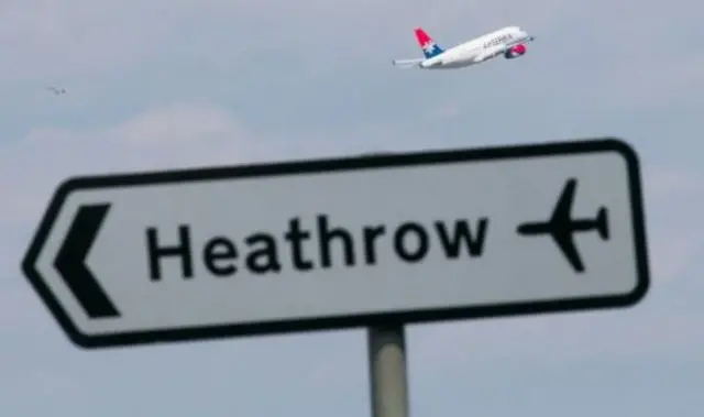 Plane over Heathrow sign