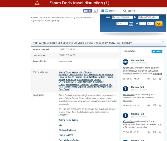 National Rail Enquiries web page