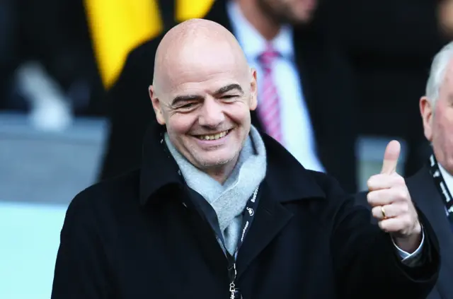 New FIFA President Gianni Infantino thumbs up prior to the Barclays Premier League match between Swansea City and Norwich City at Liberty Stadium on March 5, 2016 in Swansea, Wales