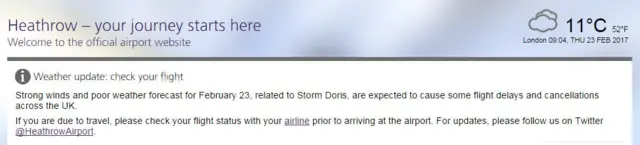 Weather warning on Heathrow website