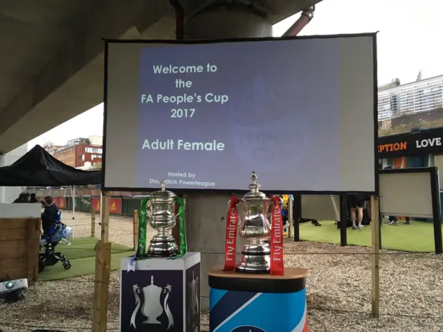 
          FA People's Cup (Adult Female) and the FA Cup on display in Shoreditch.
        