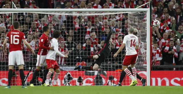 Oriol Romeu heads against the post